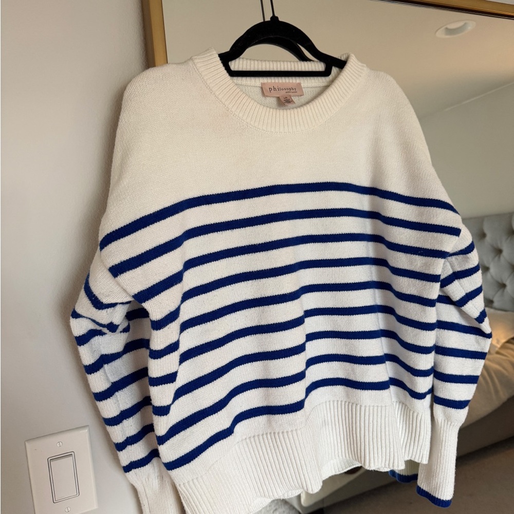 Philosophy White and Blue Striped Crew Neck Sweater
